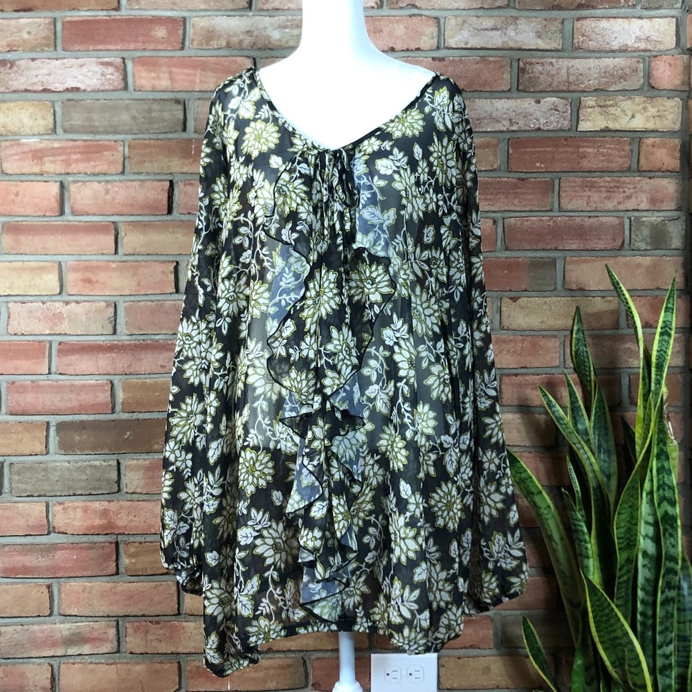 Lane Bryant Sheer Floral Print Black Blouse
